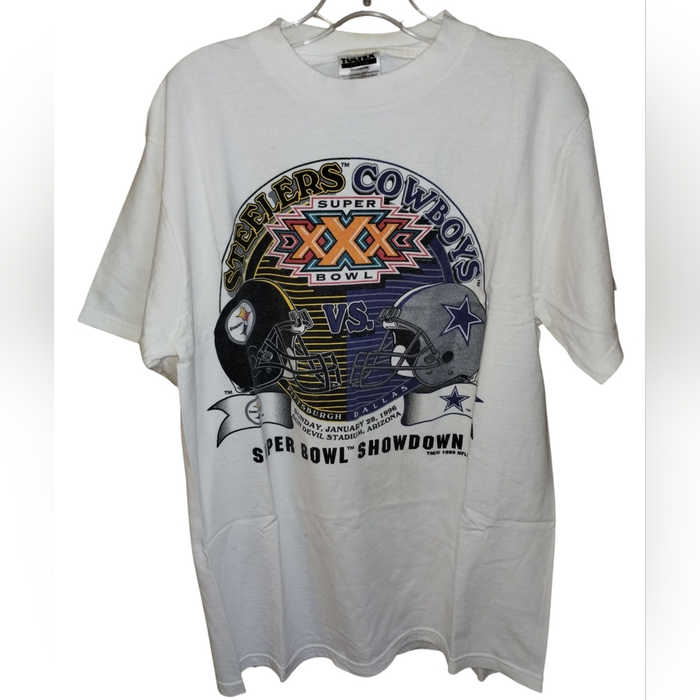 Vtg '96 NFL Super Bowl XXX T-shirt L Steelers v Cowboys White AZ